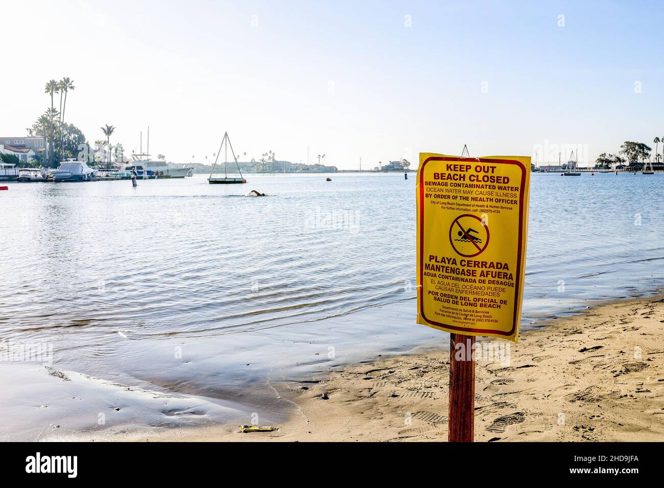 Long Beach, California, Stati Uniti. 4th Jan 2022. Gennaio 4th, 2022, Long Beach, California, Stati Uniti d'America: La città di Long Beach ha pubblicato solo alcuni segni in risposta alla massiccia fuoriuscita di liquami. La fuoriuscita è stata segnalata il 30th dicembre, quando una linea di rete fognaria da 48 pollici è fallita durante la recente tempesta invernale, con perdite di liquame nella via navigabile che si svuota nel porto di Los Angeles.nonostante le indicazioni pubblicate, alcuni nuotatori stavano ancora entrando nell'acqua. (Credit Image: © Ron Lyon/ZUMA Press Wire) Foto Stock