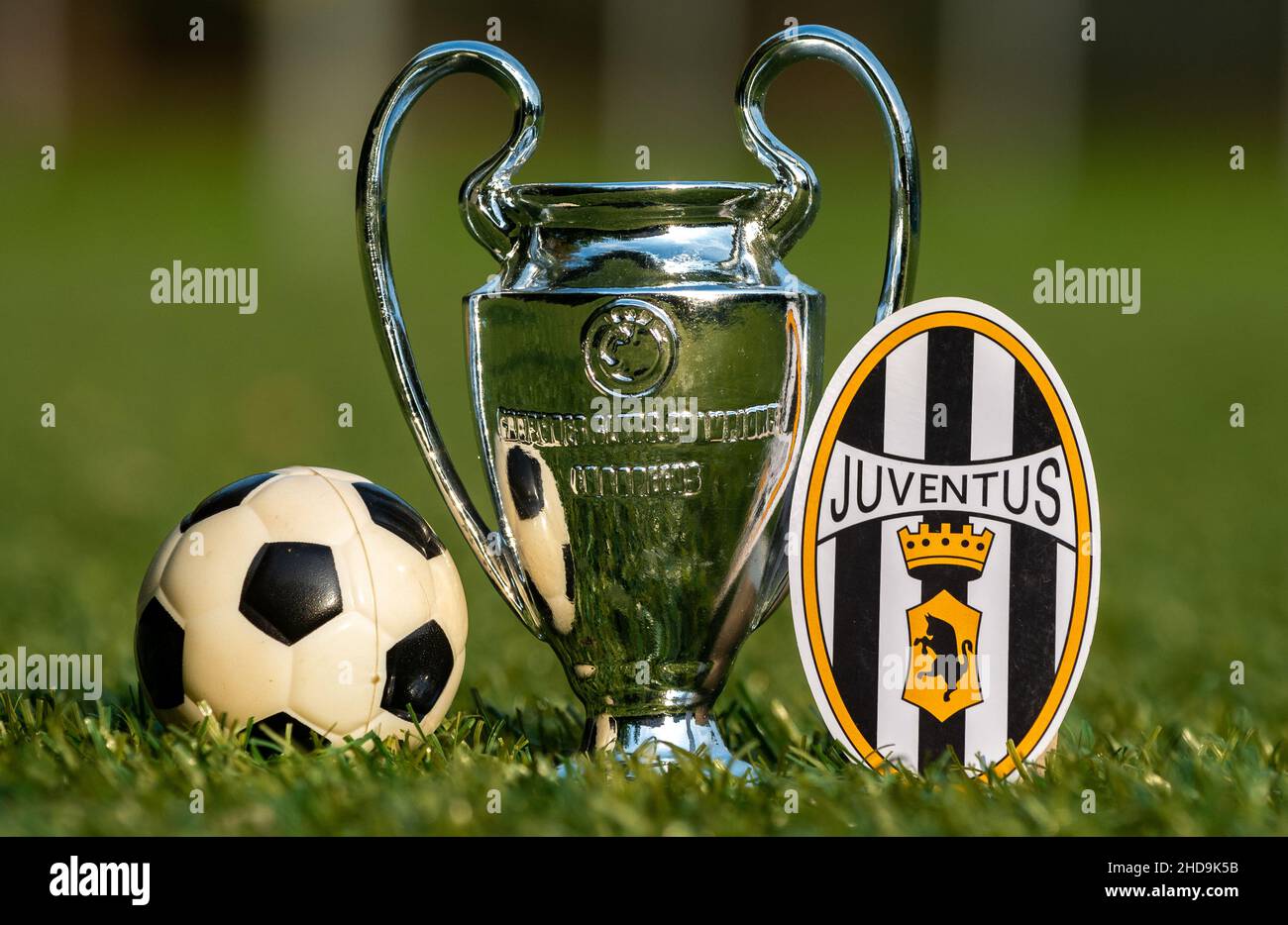 27 agosto 2021, Torino, Italia. L'emblema della Juventus Football Club e la UEFA Champions League Cup sul prato verde dello stadio. Foto Stock