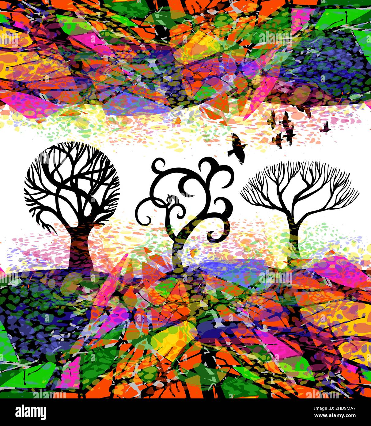 astratti alberi multicolore con uccelli volanti. Illustrazione vettoriale Illustrazione Vettoriale