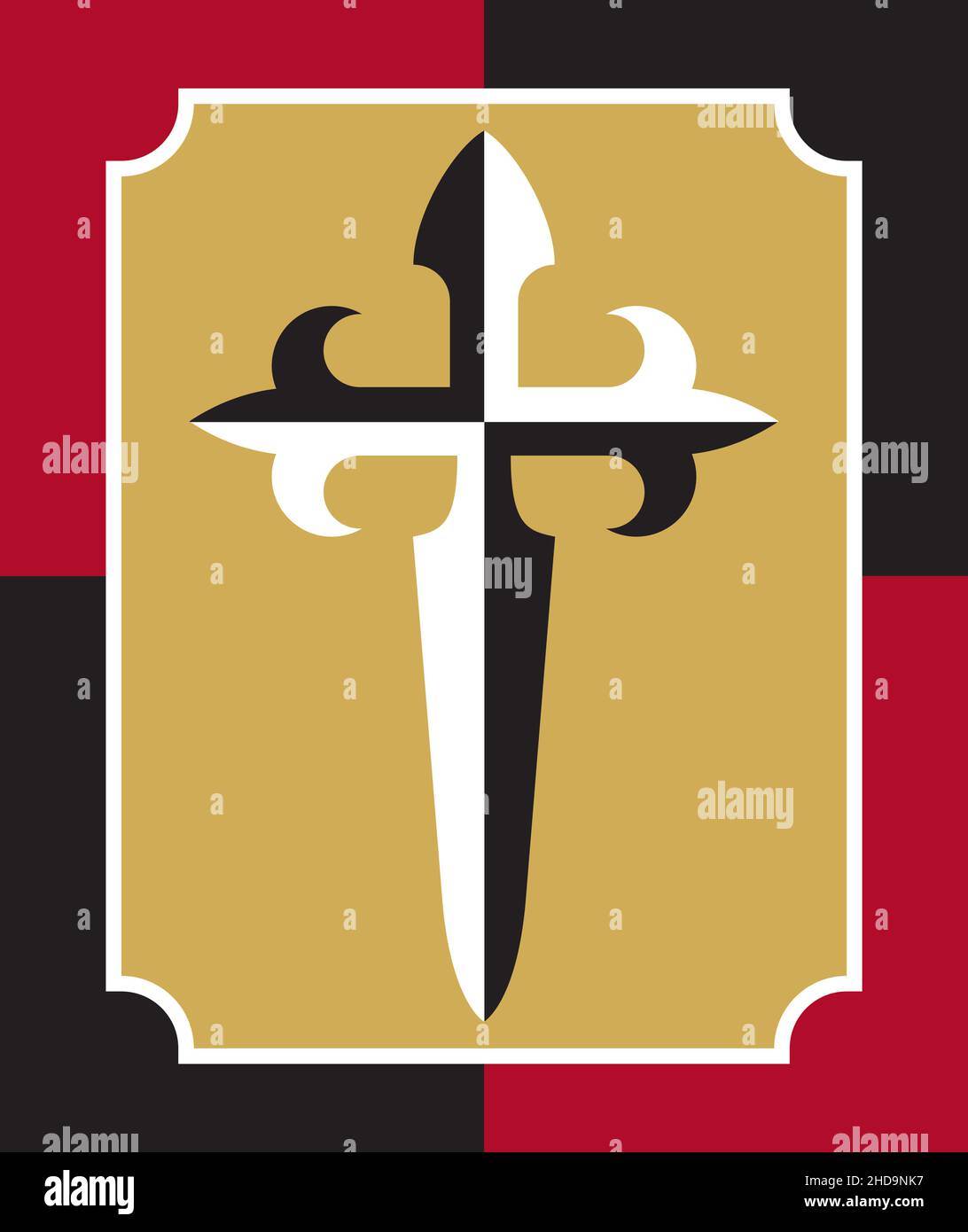Croce di San Giacomo Cristiano badge o logo design. Illustrazione vettoriale della croce di San Giacomo che forma un pugnale o una spada. Illustrazione Vettoriale