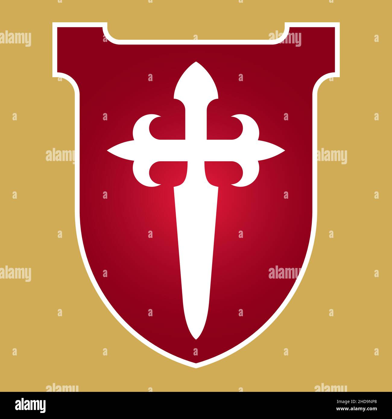 Croce di San Giacomo Cristiano badge o logo design. Illustrazione vettoriale della croce di San Giacomo che forma un pugnale o una spada. Illustrazione Vettoriale