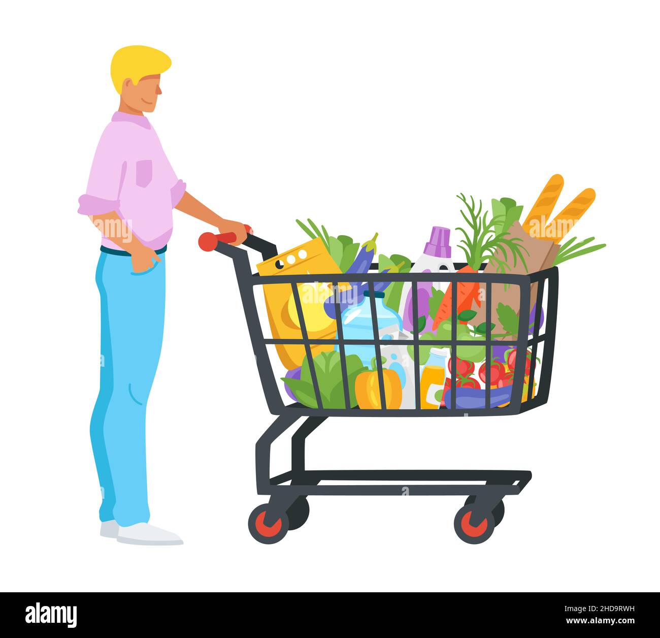 uomo con carrello pieno di prodotti Illustrazione Vettoriale