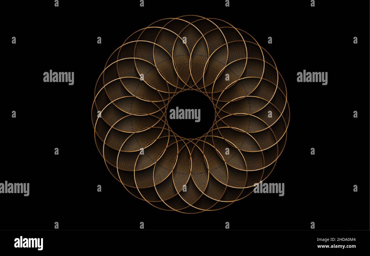 Torus Yantra, fiore d'oro sacro geometria elementi cerchi. Golden Logo Mandala circolare ornamento matematico. Motivo circolare di lusso Illustrazione Vettoriale