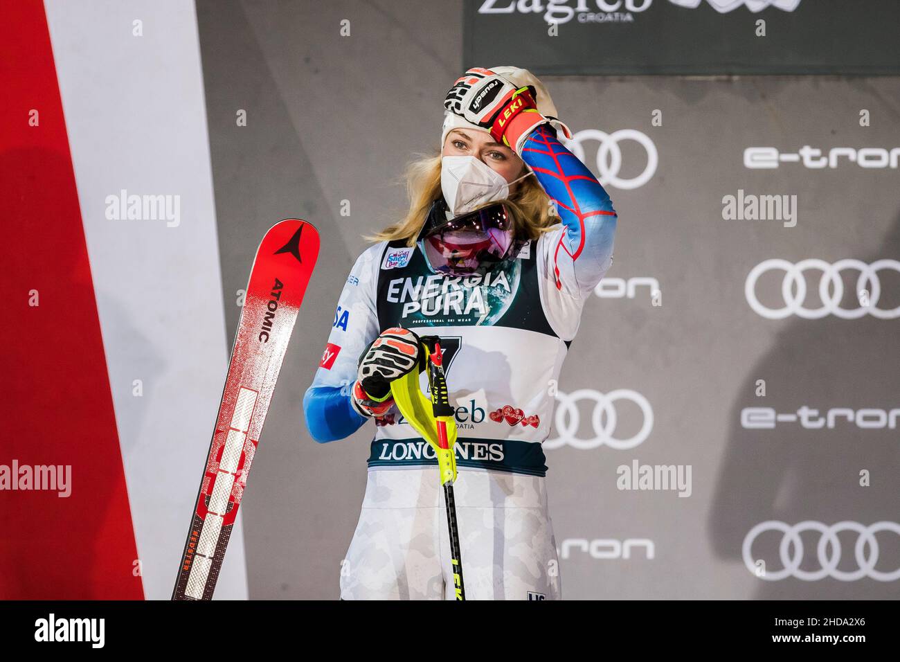 Zagabria, Croazia, 4th gennaio 2022. Mikaela Shiffrin degli USA festeggia il secondo posto durante la Coppa del mondo di sci Audi FIS Snow Queen Trophy - Women's Slalom a Zagabria. Gennaio 04, 2022. Credit: Nikola Krstic/Alamy Foto Stock
