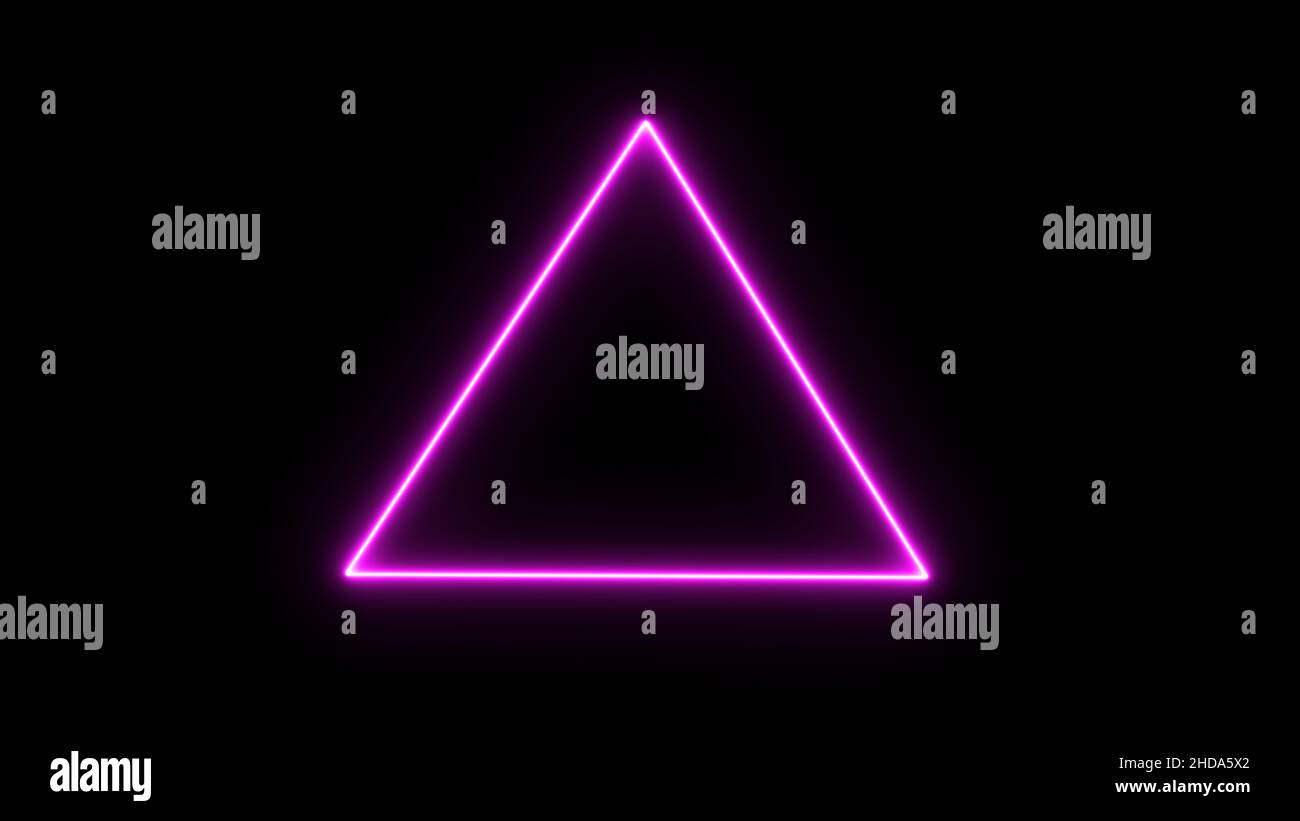 Telaio a triangolo viola vuoto con bordo di potenza elettrica che brilla e che brucia la fiamma. Fuoco a triangolo vuoto con alimentazione elettrica intorno alle luci del telaio Foto Stock
