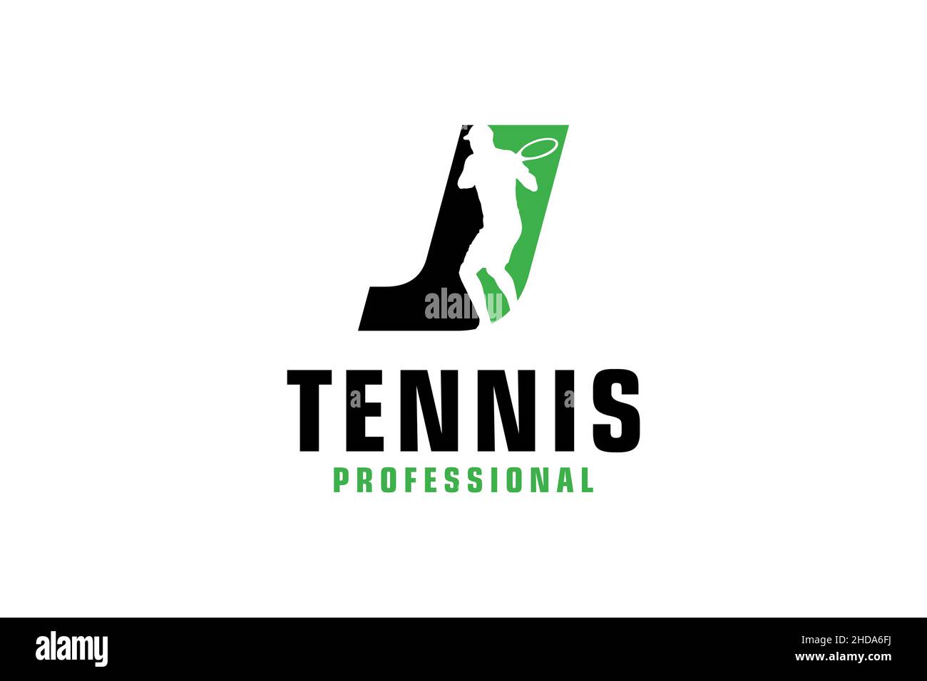 Lettera J con logo di silhouette per giocatore di tennis. Elementi del modello di progettazione vettoriale per il Team sportivo o aziendale. Illustrazione Vettoriale
