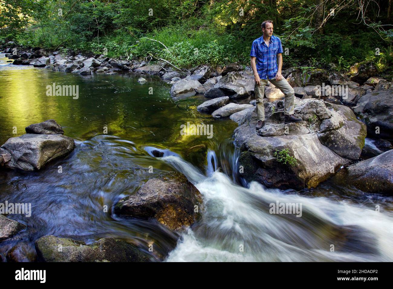 Un uomo attento siede nella Gola di Wutach nella Foresta Nera Foto Stock