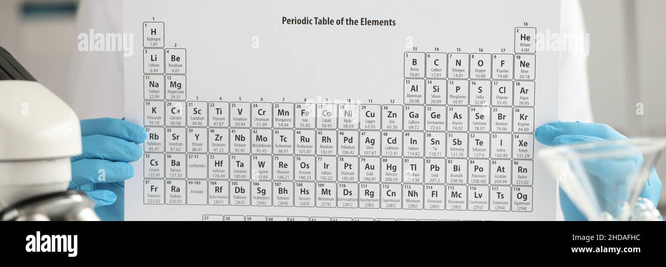 Il chimico con guanti contiene una tavola periodica degli elementi chimici da primo piano Foto Stock