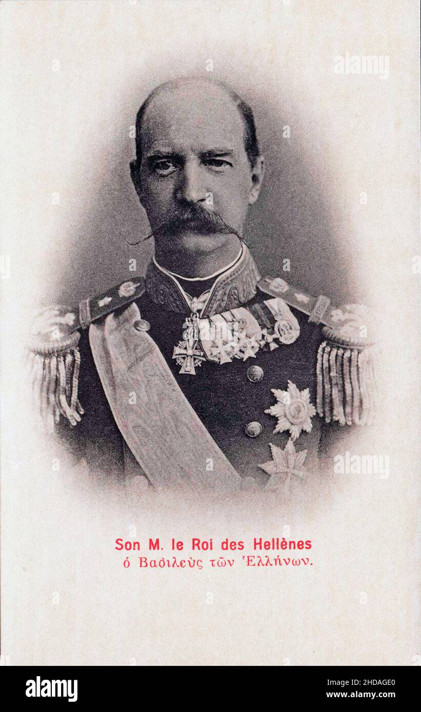 Ritratto vintage di sua Maestà Giorgio i di Grecia. Giorgio i (1845 – 1913) fu re di Grecia dal 30 marzo 1863 fino al suo assassinio nel 1913. Foto Stock