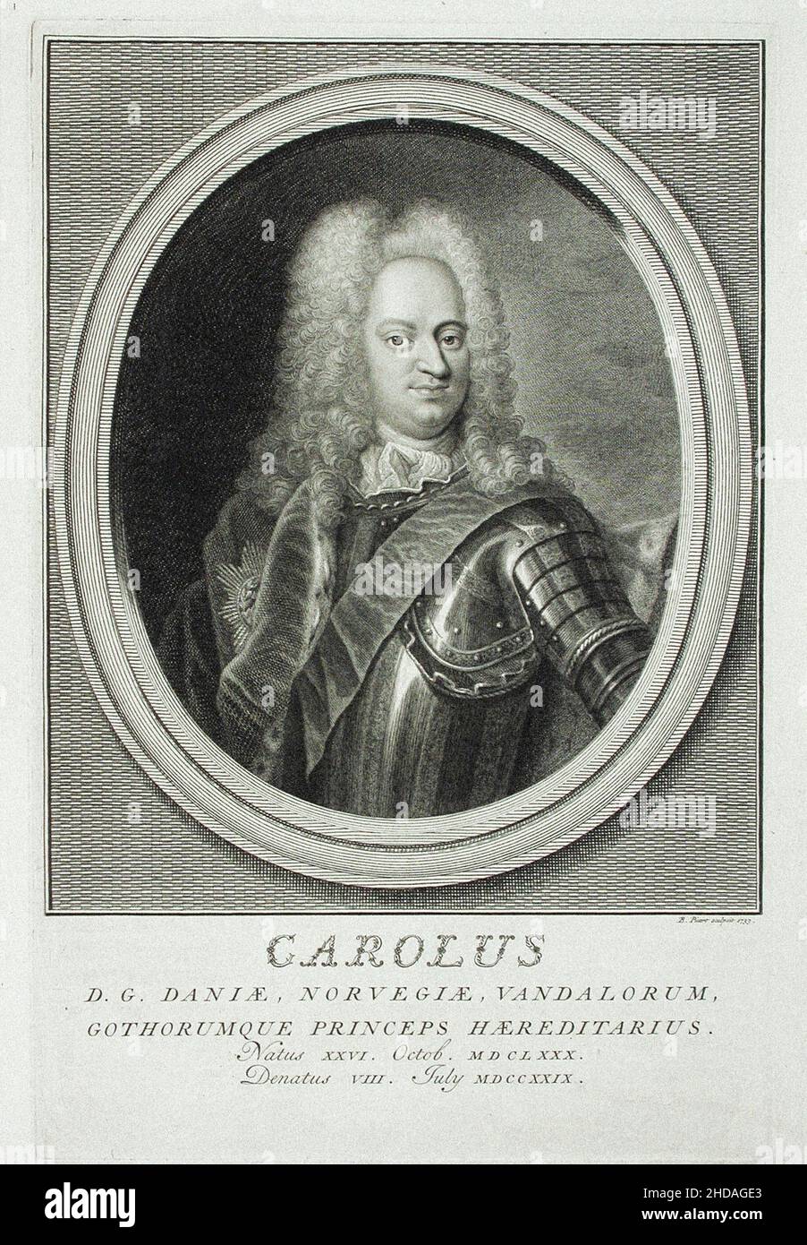 Ritratto di incisione del Principe Carlo di Danimarca. 1733. Di Bernard Picart il principe Carlo di Danimarca e Norvegia (1680 – 1729) fu il quarto figlio di Chr Foto Stock