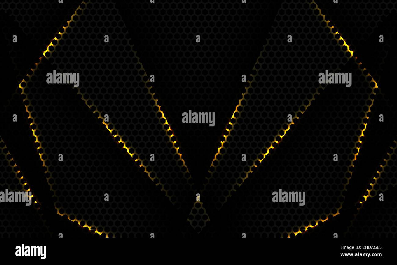 Nero esagonale in fibra di carbonio sport gioco sfondo tecnologico con linee gialle e oggetti ombra. Tecnologia a nido d'ape sfondo astratto carbonio esagonale Illustrazione Vettoriale
