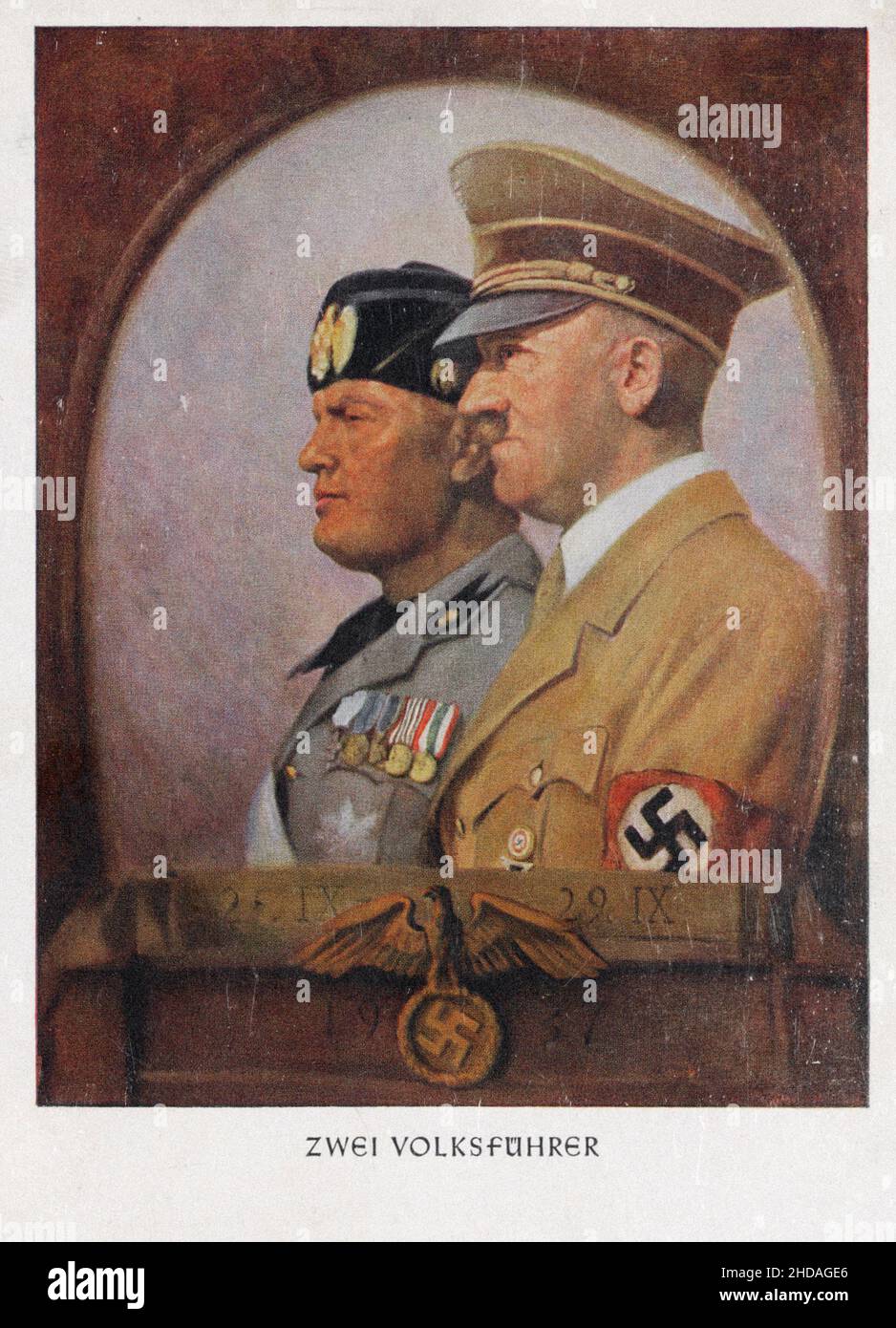 Cartolina della propaganda tedesca. Adolf Hitler e Benito Mussolini. Due leader. 1937. !solo per scopi storici! Foto Stock