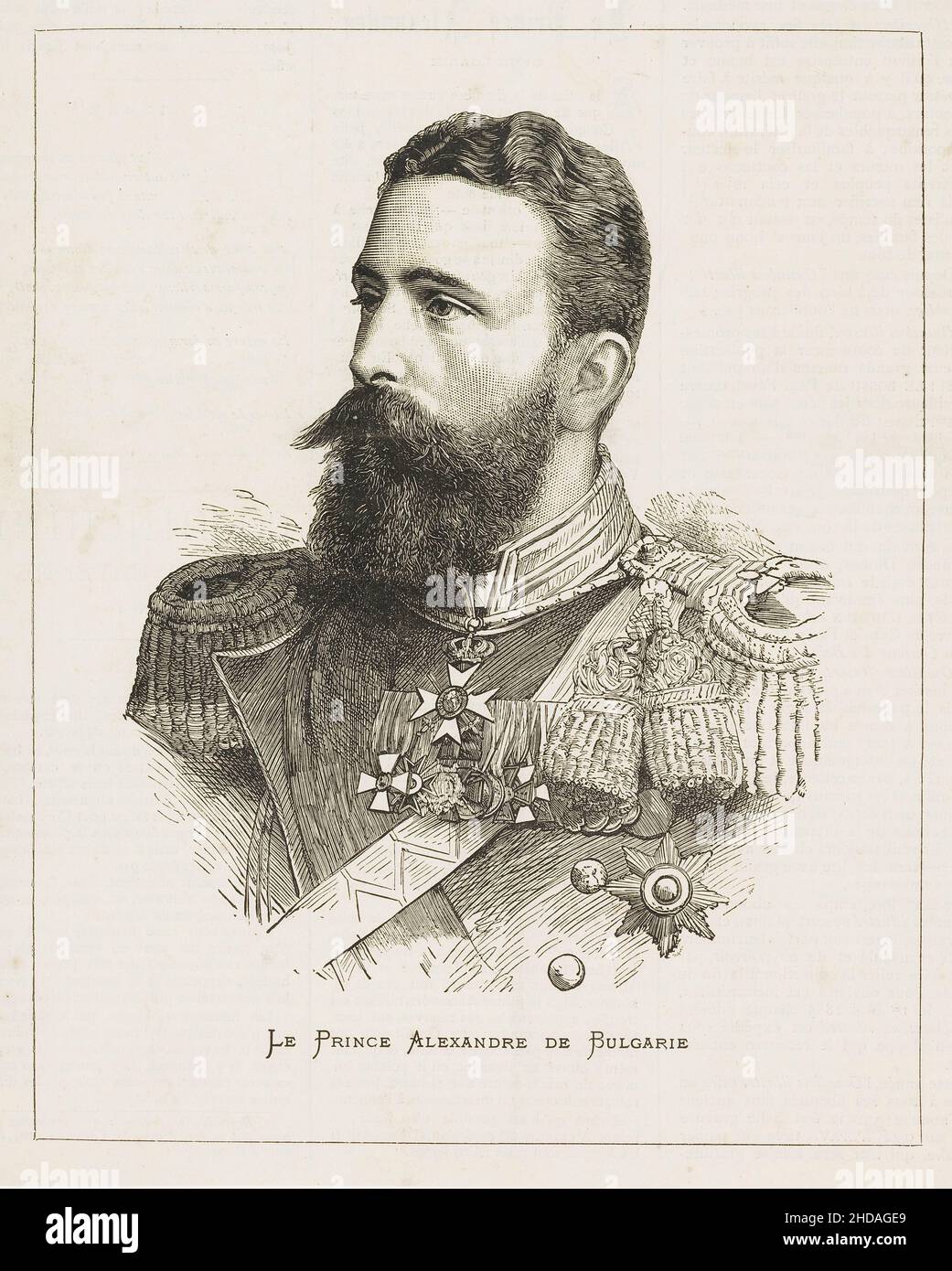 Ritratto di incisione del Principe Alessandro di Bulgaria. 1886 Alexander Joseph GCB (1857 – 1893 ), noto come Alessandro di Battenberg, fu il primo principe Foto Stock
