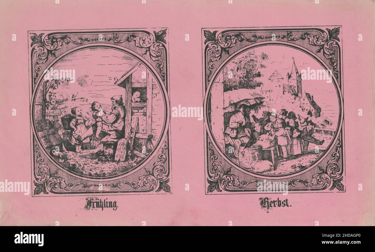 Copertine vintage del libro scolastico tedesco. Germania. 1850 stagioni: Primavera e autunno. Germania e figli tedeschi del 19th secolo Foto Stock