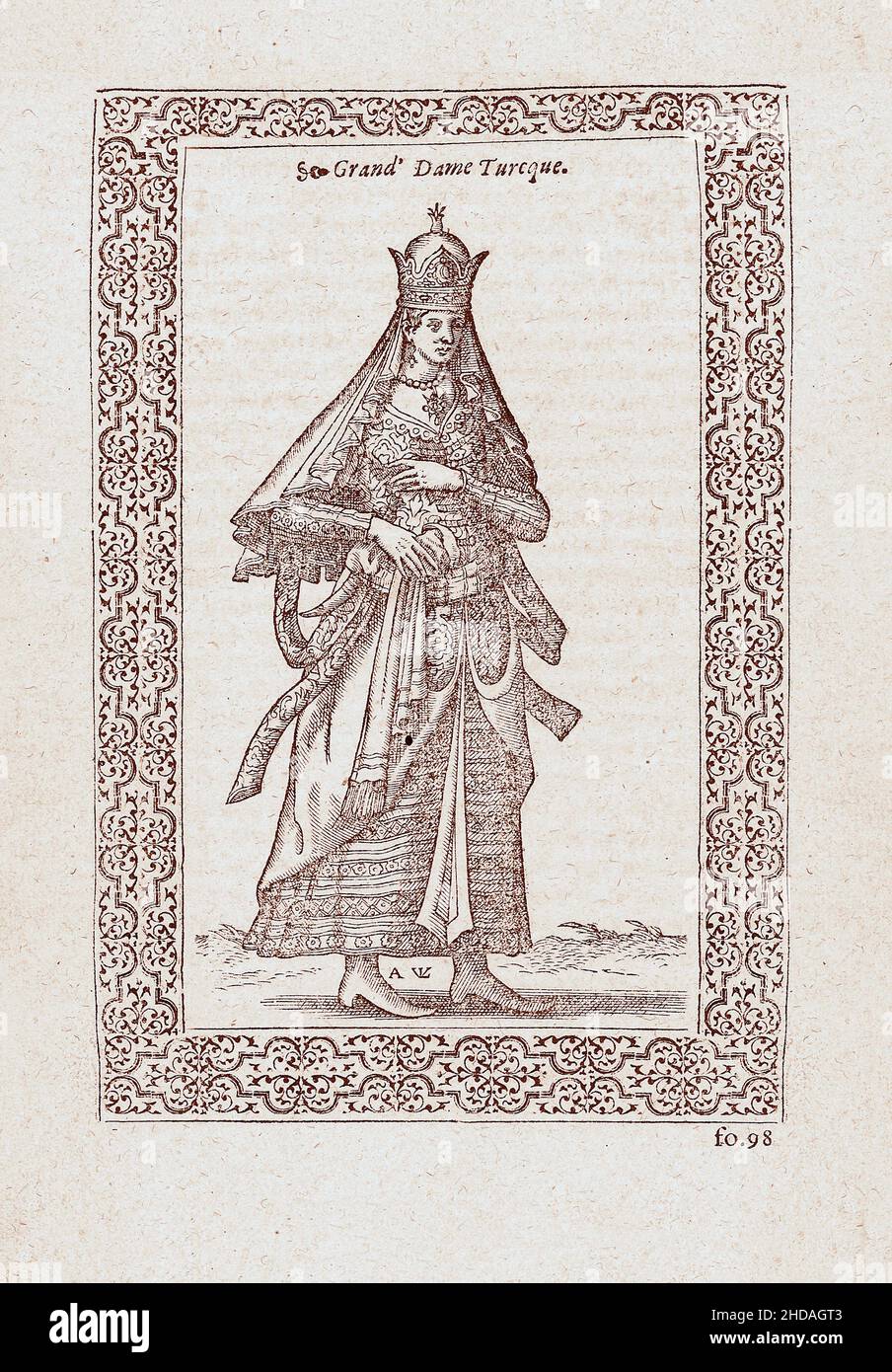 L'incisione del 16th secolo di alta signora turca di rango. 1577 di Nicolas de Nicolay (1517-1583) Foto Stock