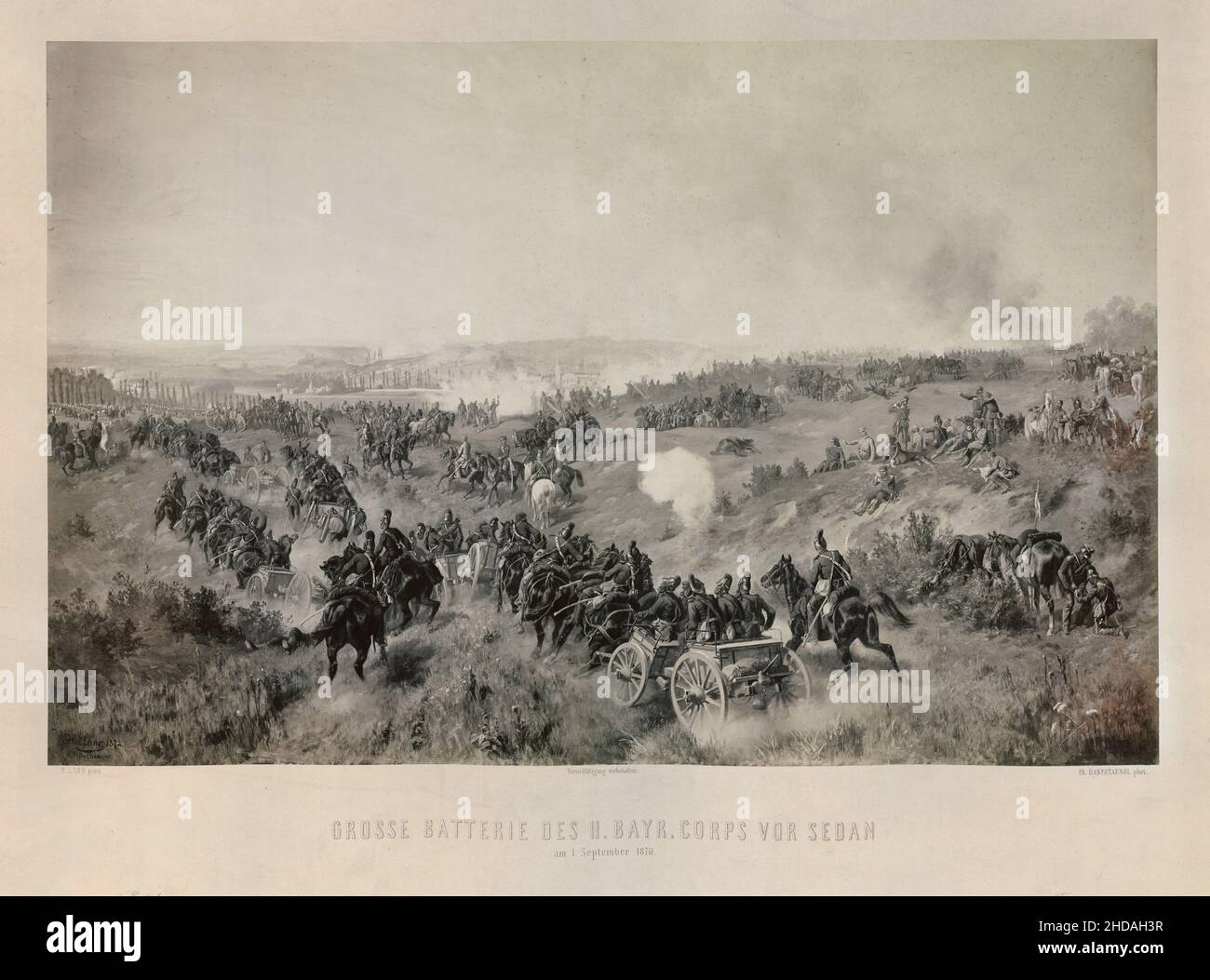 Incisione dal tempo della guerra franco-prussiana: Grande batteria del II corpo bavarese alla battaglia di Sedan: Il 1 settembre 1870. 1872 Foto Stock