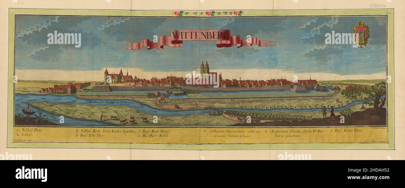 Incisione dipinta a mano di Wittenberg. 1724 1. Porta della città, 2. castello, 3. chiesa del castello dove Lutero è sepolto, 6. Stadt- und Pfarrkirche St. Marien zu W. Foto Stock
