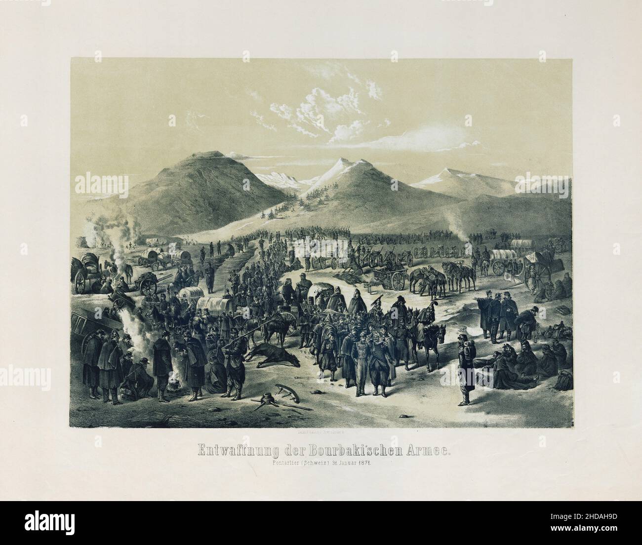 Litografia della guerra franco-prussiana: Il disarmo dell'esercito Bourbaki: Pontarlier (Svizzera) 31 gennaio 1871. 1871 Foto Stock