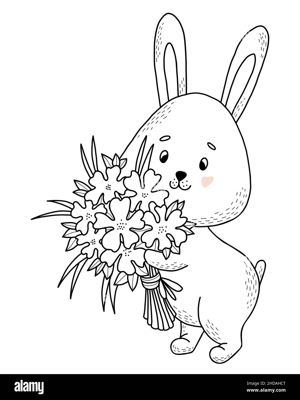 Carino coniglietto con bouquet di fiori. Illustrazione vettoriale. Cartolina in stile di scarabocchi lineari disegnati a mano. Animale divertente per design e decorazione, saluto Illustrazione Vettoriale