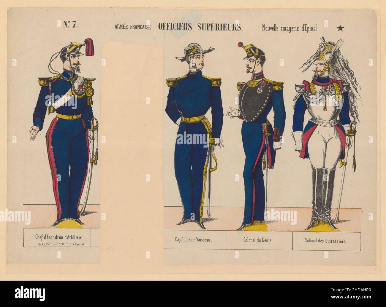 Illustrazioni vintage dell'esercito francese. Alti funzionari francesi. D'Epinal. 1860 da sinistra a destra: Chef di artiglieria Squadron, capitano di una nave, colone Foto Stock