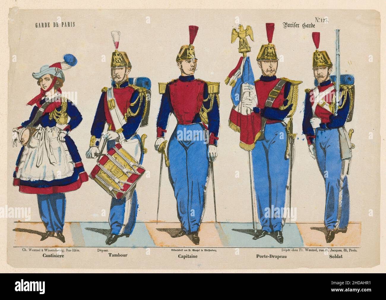 Litografia vintage della Guardia di Parigi. 1870 Cantiniere, tamburo, capitano, portatore di bandiera, soldato Foto Stock