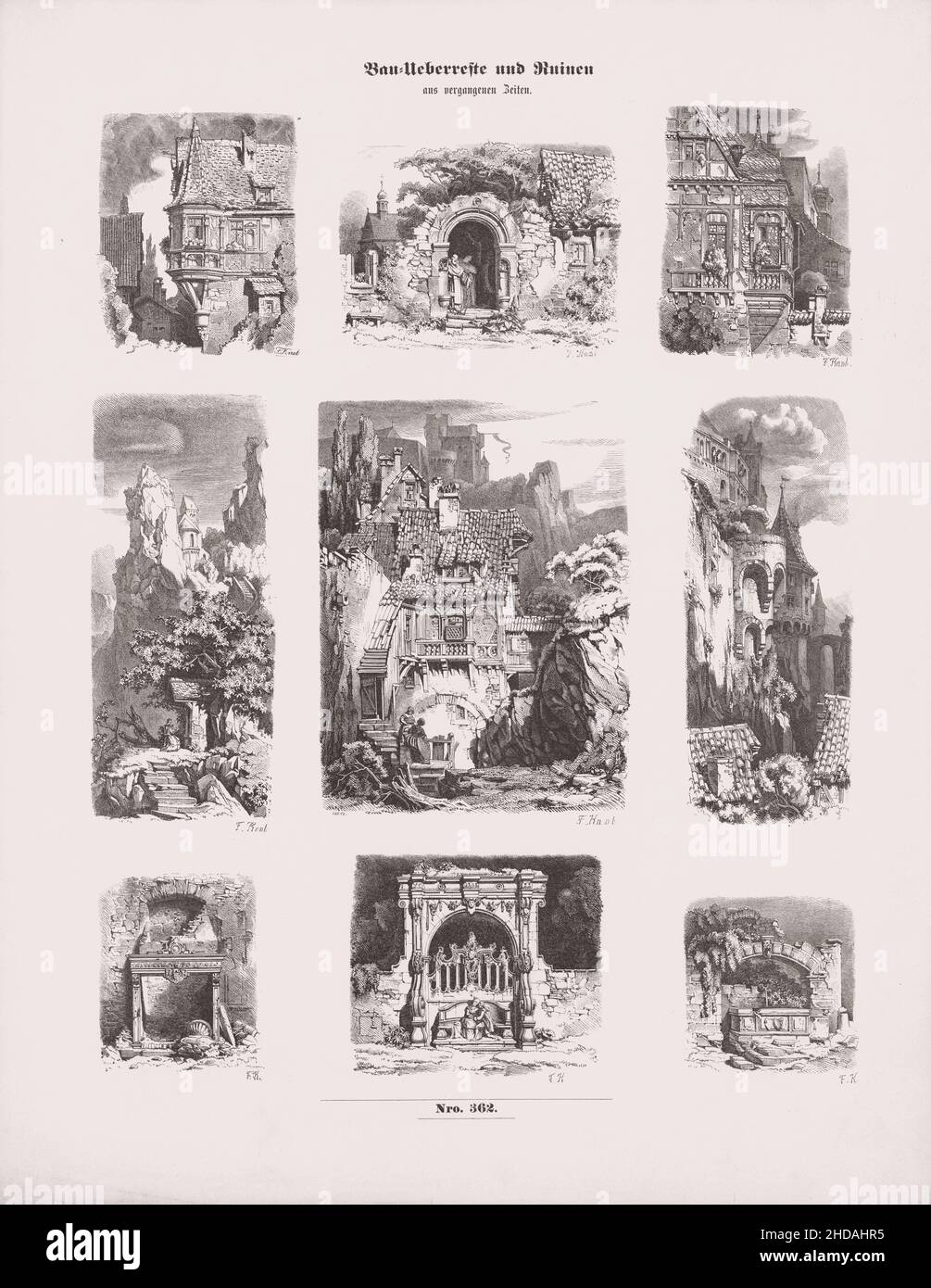 Disegni vintage di pittoresche costruzioni medievali-resti e rovine. 1863 Foto Stock