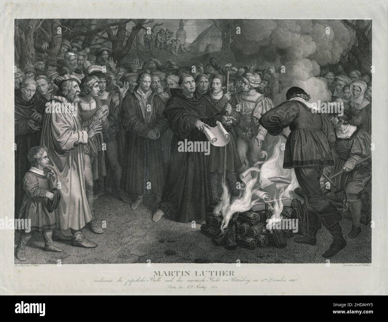 Martin Lutero brucia il toro papale e la legge canonica di fronte a Wittenberg il 10th dicembre 1520. Incisione di 1811 Foto Stock