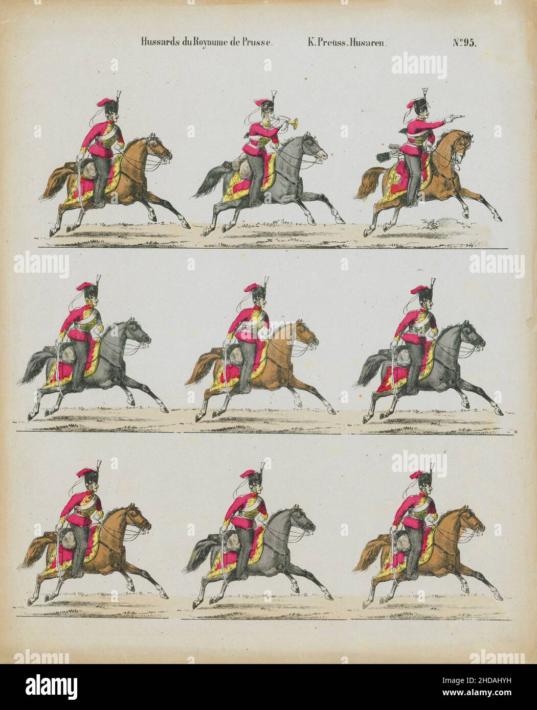 Litografia vintage degli Hussars del Regno di Prussia. Cavalleria prussiana. Hussars. 1870 Foto Stock