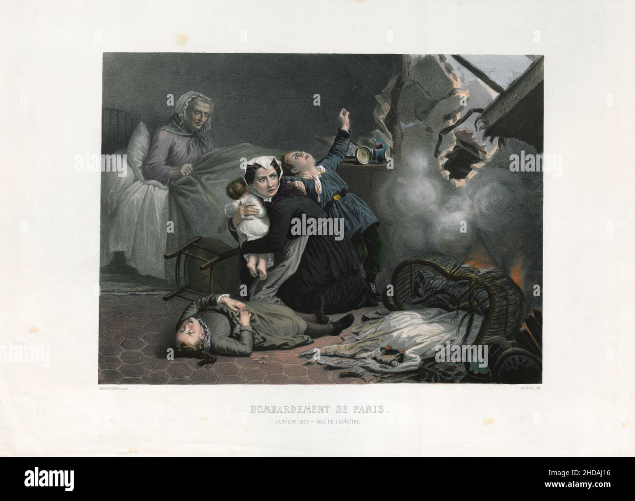 Litografia francese vintage anti-tedesca del periodo della guerra franco-prussiana: Bombardamento di Parigi: Gennaio 1871, Rue De Lourcine. 1871 Foto Stock