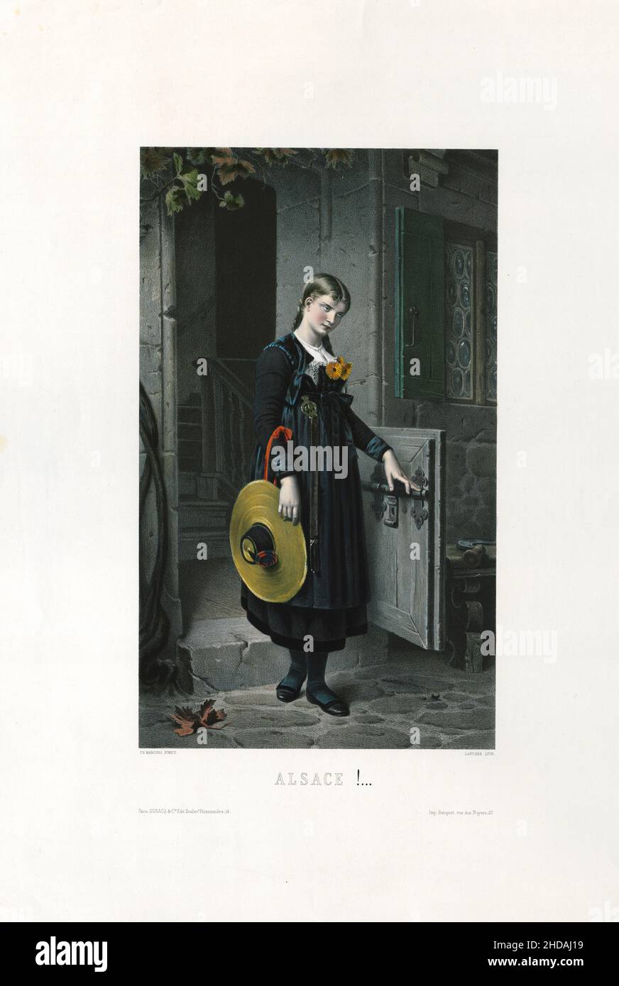 Incisione vintage di una ragazza alsaziana in costume nazionale. 1875 l'incisione trasmette la tristezza dei francesi sulla provincia perduta dell'Alsazia Foto Stock