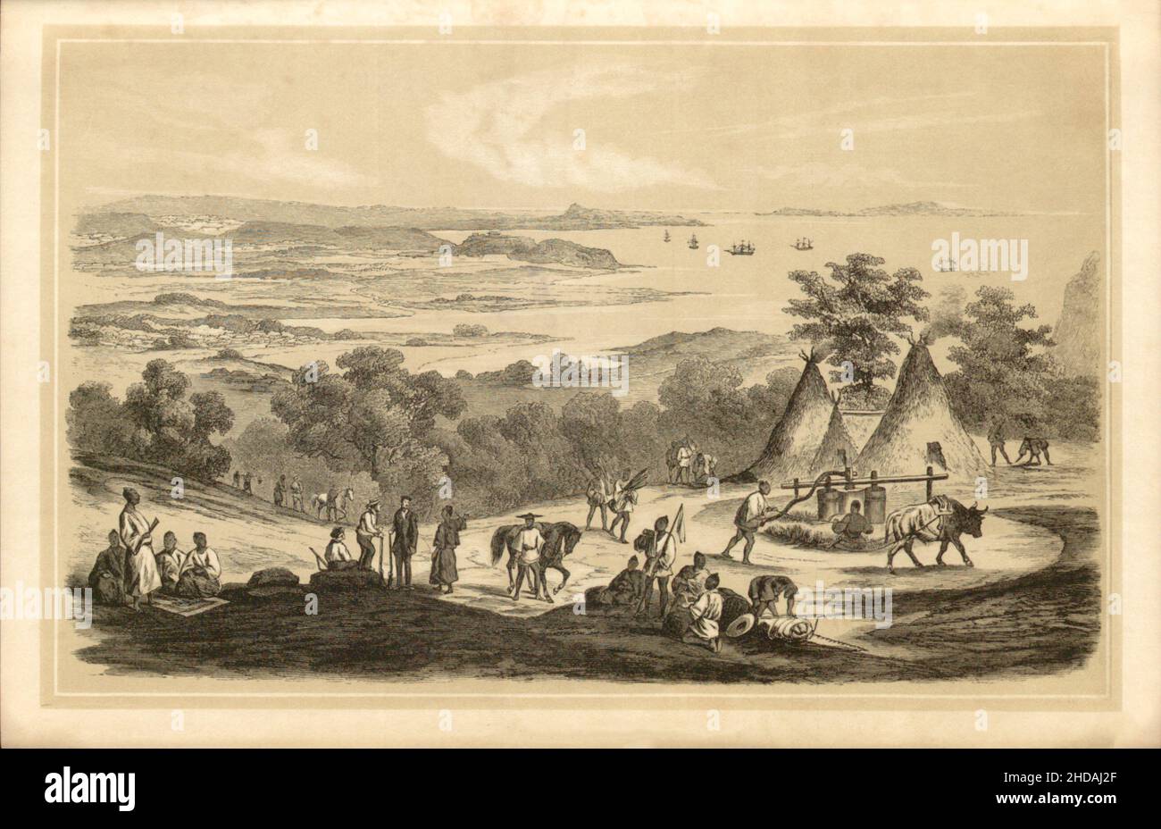 Antica litografia del Giappone del 19th secolo: Vista da Napa alle isole Ryukyu. 1856 spedizione di Commodore Perry Foto Stock