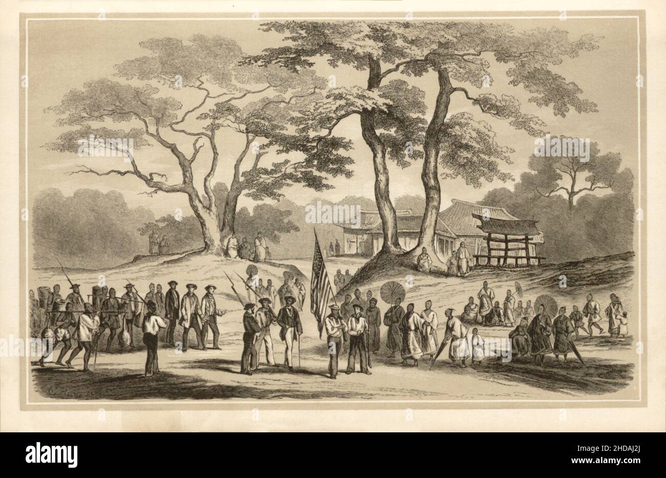Antica litografia del Giappone del 19th secolo: Vista da Liou-Kiou (Isole Ryukyu) a Tchan-di-choo. 1856 spedizione di Commodore Perry Foto Stock