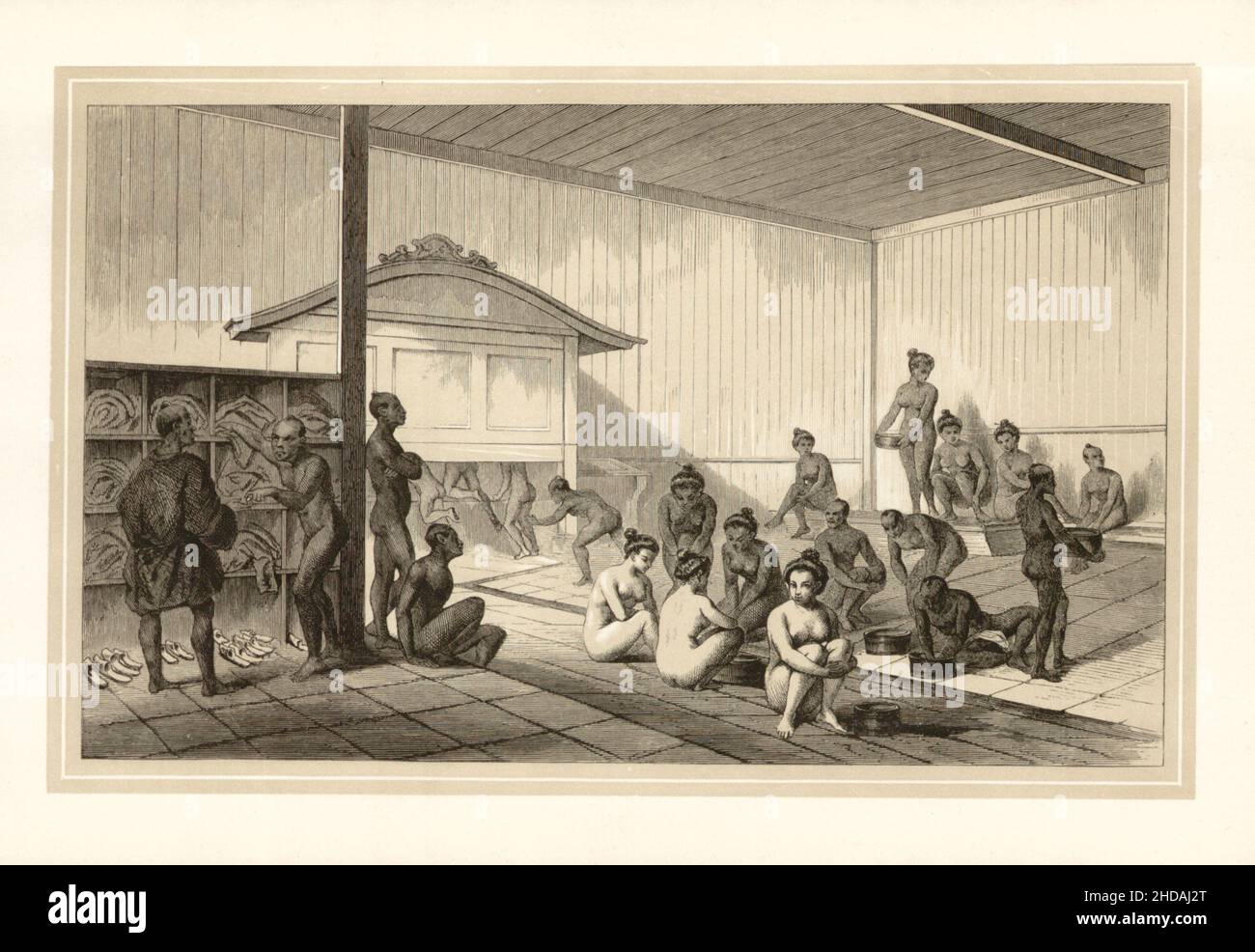 Antica litografia del Giappone del 19th secolo: Un bagno pubblico a Shimoda. 1856 spedizione di Commodore Perry Foto Stock