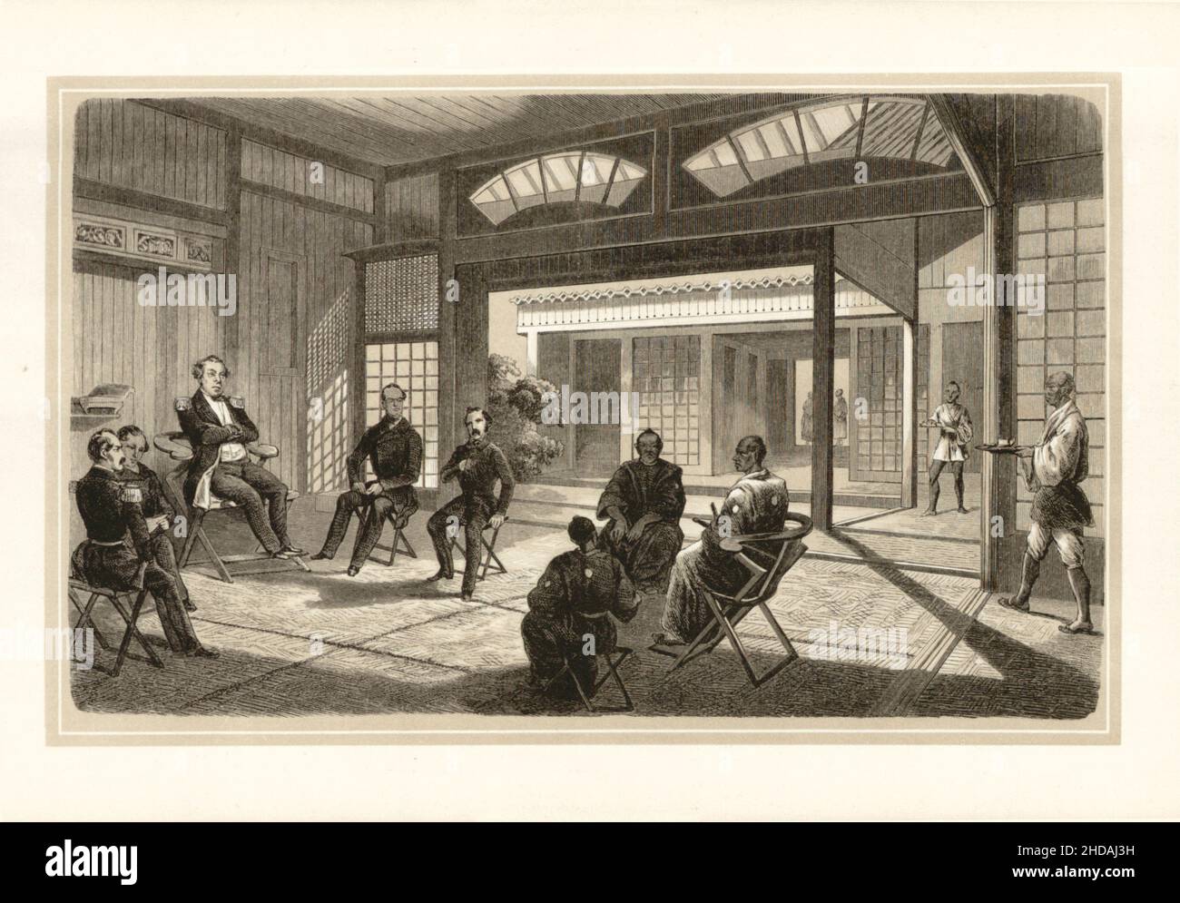 Antica litografia del Giappone del 19th secolo: Conferenza di Perry con i commissari giapponesi. 1856 spedizione di Commodore Perry Foto Stock
