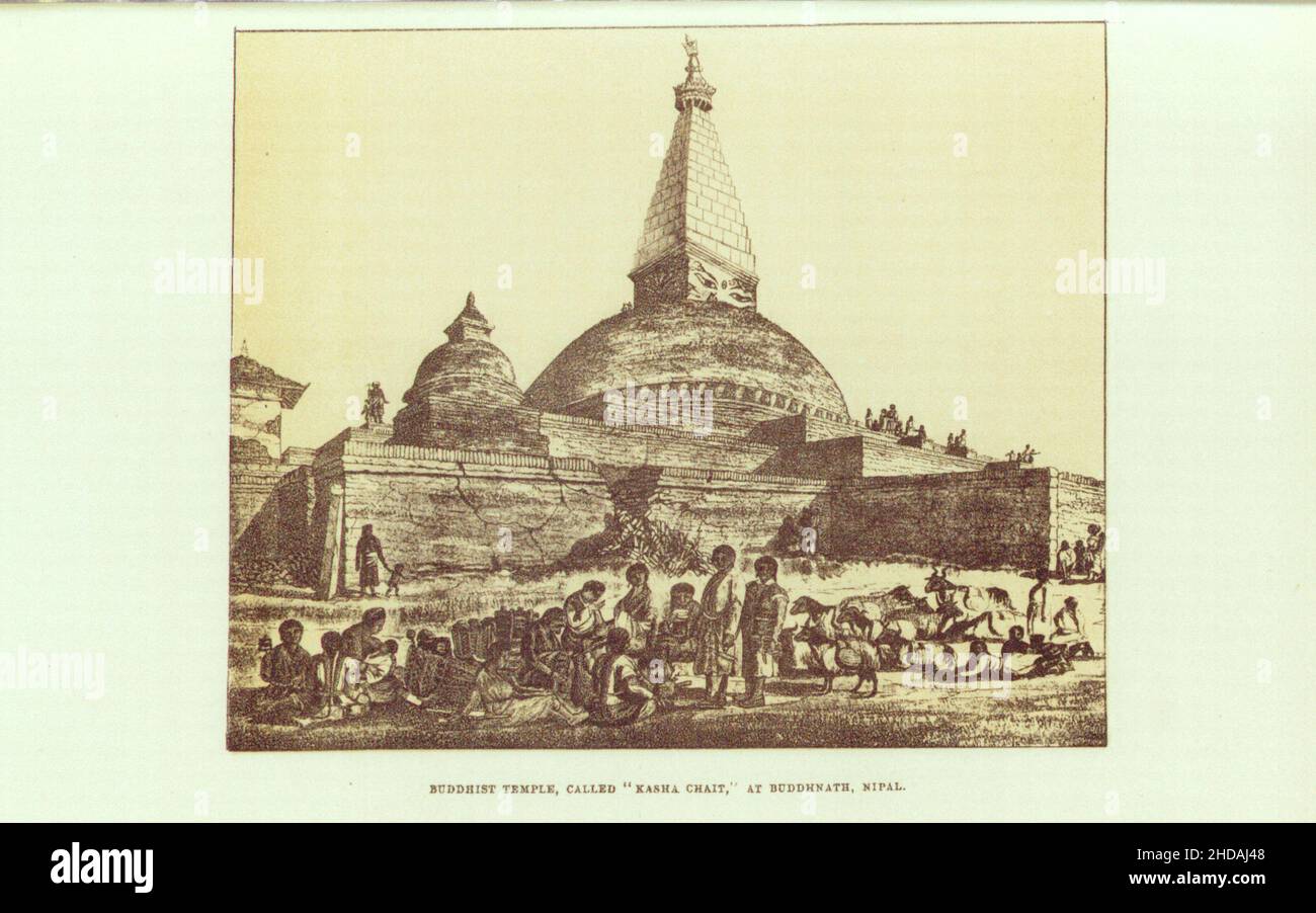 Antica litografia del Nepal del 19th secolo: Tempio buddista, chiamato 'Kasha Chait', a Buddhnath. 1880 Foto Stock