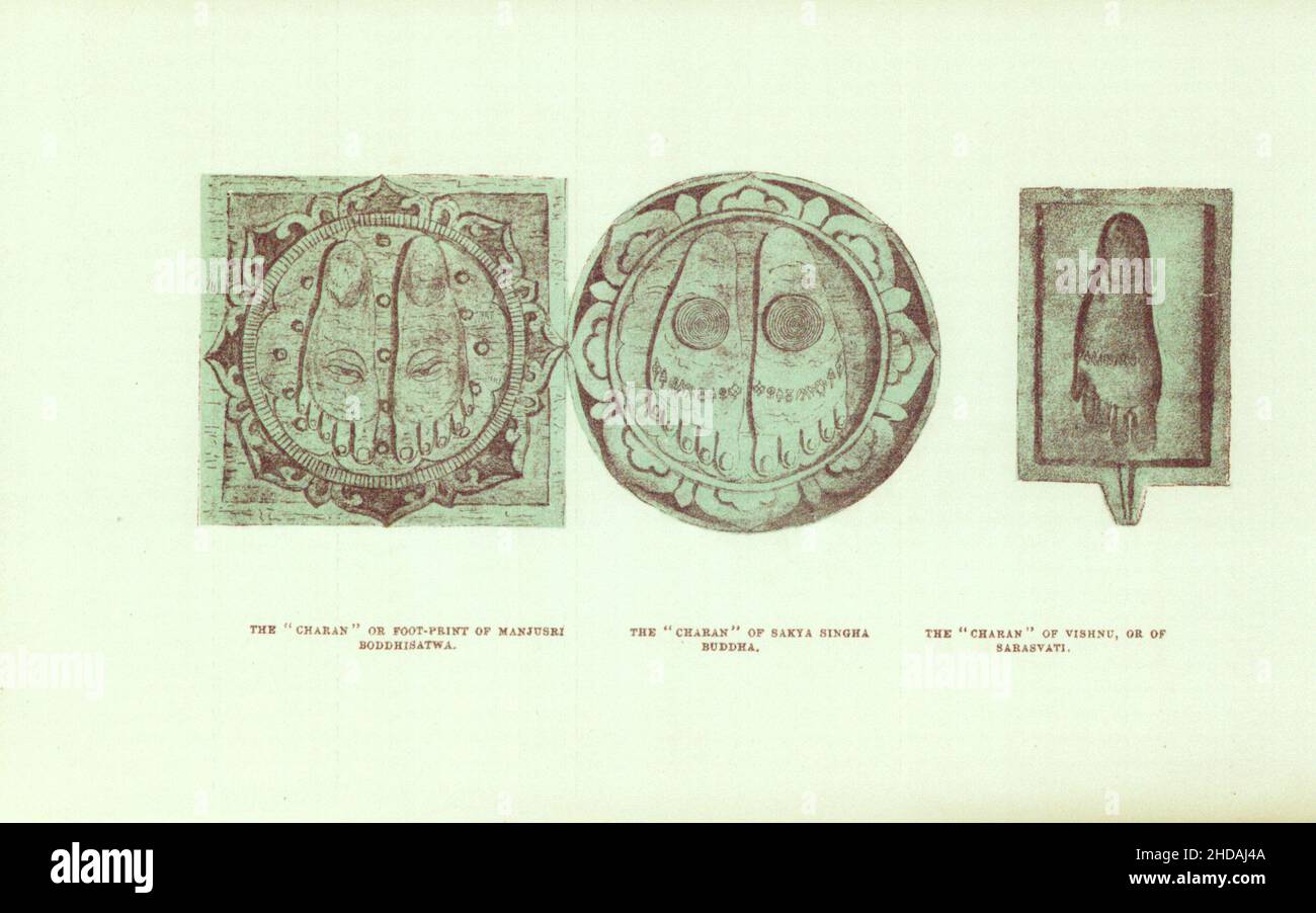 Antica litografia del Nepal del 19th secolo: Il 'Charan' o impronta di Manjusri Boddhisatwa. Il 'Charan' di Sakya Singha Buddha. Il 'Charan' di Vis Foto Stock