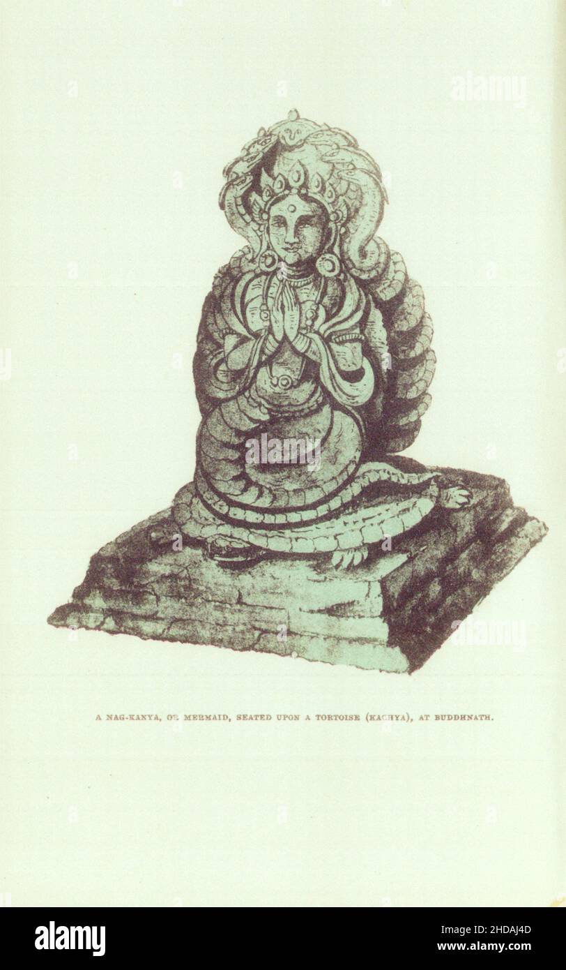 Antica litografia del Nepal del 19th secolo: Un Nag-Kanya, o Sirenetta, seduto su una tartaruga (Kachya), a Buddhnath. 1880 Foto Stock
