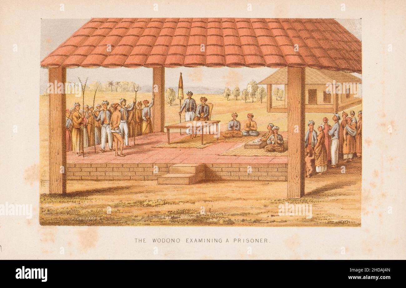 Litografia di Giava del 19th secolo: Il Wodono che esamina un prigioniero. 1864 Foto Stock
