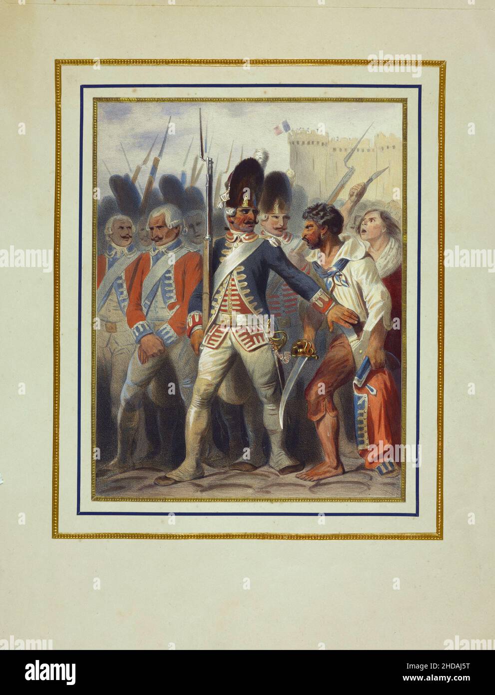 Litografia vintage della Rivoluzione Francese: Parigi, alla cattura della Bastiglia, 1789. 1837, di Jacques-Francois Llanta (1807-1864) Foto Stock