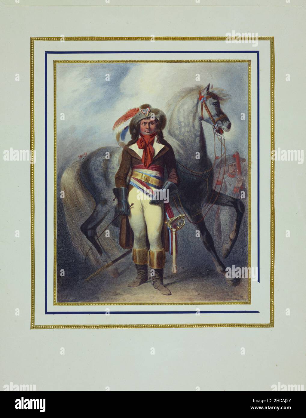 Litografia vintage a colori della Rivoluzione francese: Ufficiale rivoluzionario francese con cavallo. 1793 1837, di Jacques-Francois Llanta (1807-1864) Foto Stock