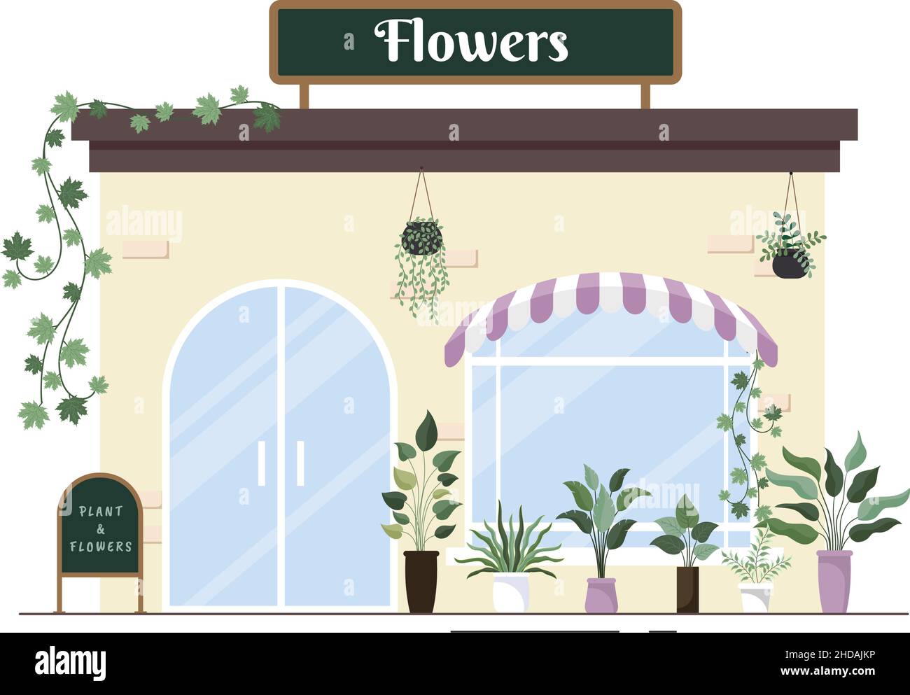 Negozio di fiori e piante Shop con cura fioristi, prodotti naturali biologici per la casa Giardino decorazione verde in piano sfondo Vector Illustrazione Illustrazione Vettoriale