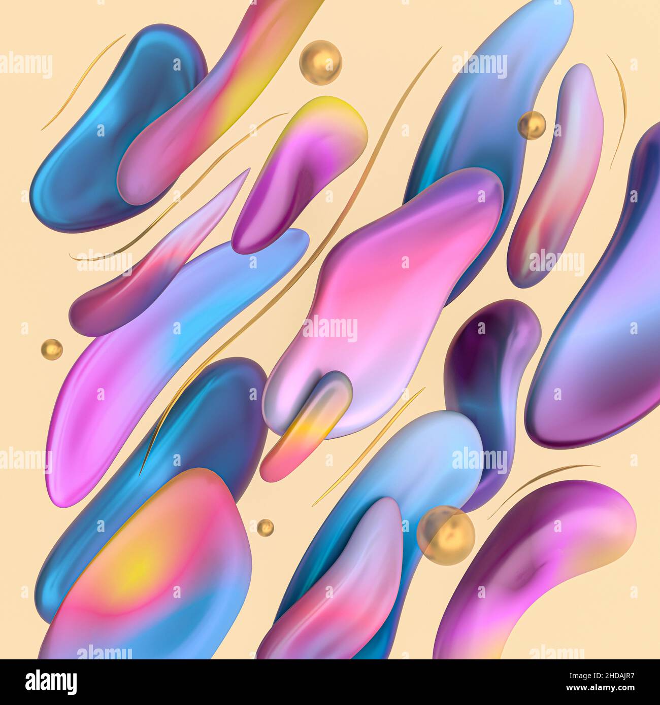Vivace illustrazione astratta di forme organiche con sfumatura, linee dorate e palle. 3D rendering. Foto Stock