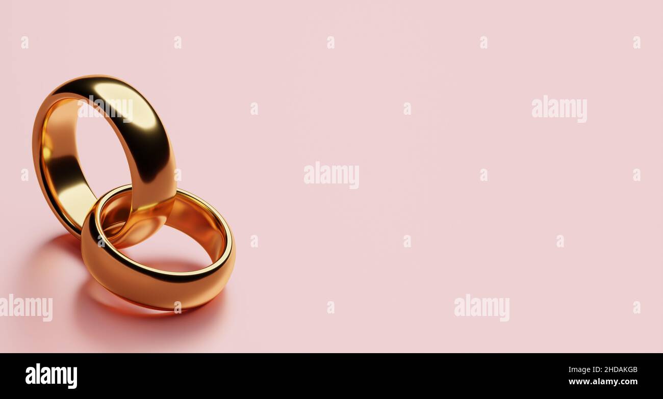 La bandiera di due anelli d'oro di cerimonia nuziale giace l'uno sull'altro con lo sfondo bianco dello spazio. rendering 3d Foto Stock