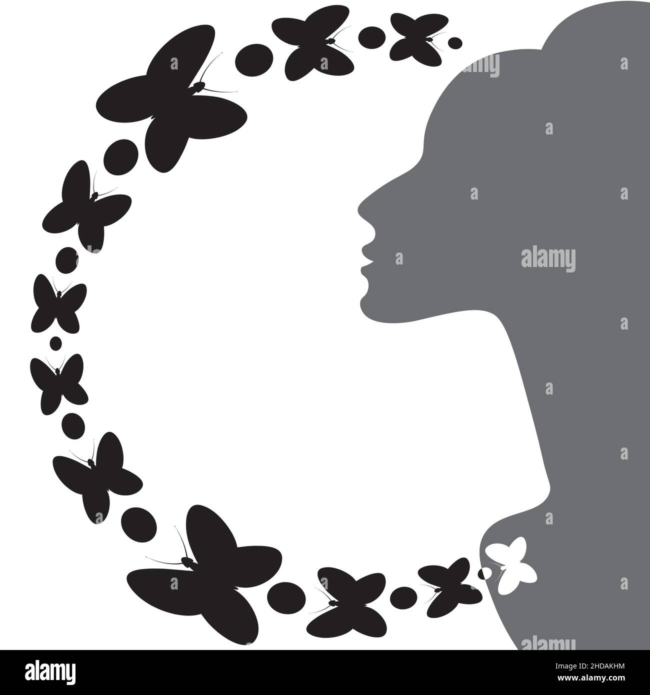 Illustrazione su sfondo quadrato sul tema dell'ispirazione - profilo femminile elegante e farfalle. Elemento di design di libri, notebook, cartoline, oggetti per interni. Background per un sito Web, un'app mobile o un blog. Ispirazione, femminilità, magia, surreale, fascino femminile, fascino Illustrazione Vettoriale