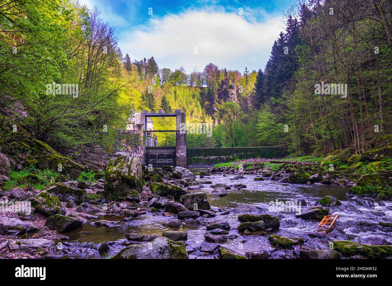 Nel fondo del fiume della Gizera vicino a Bitouchov, il Paradiso Boemo (Cesky Raj), Stredocesky kraj, Repubblica Ceca: Vista della roccia e la diga. Foto Stock