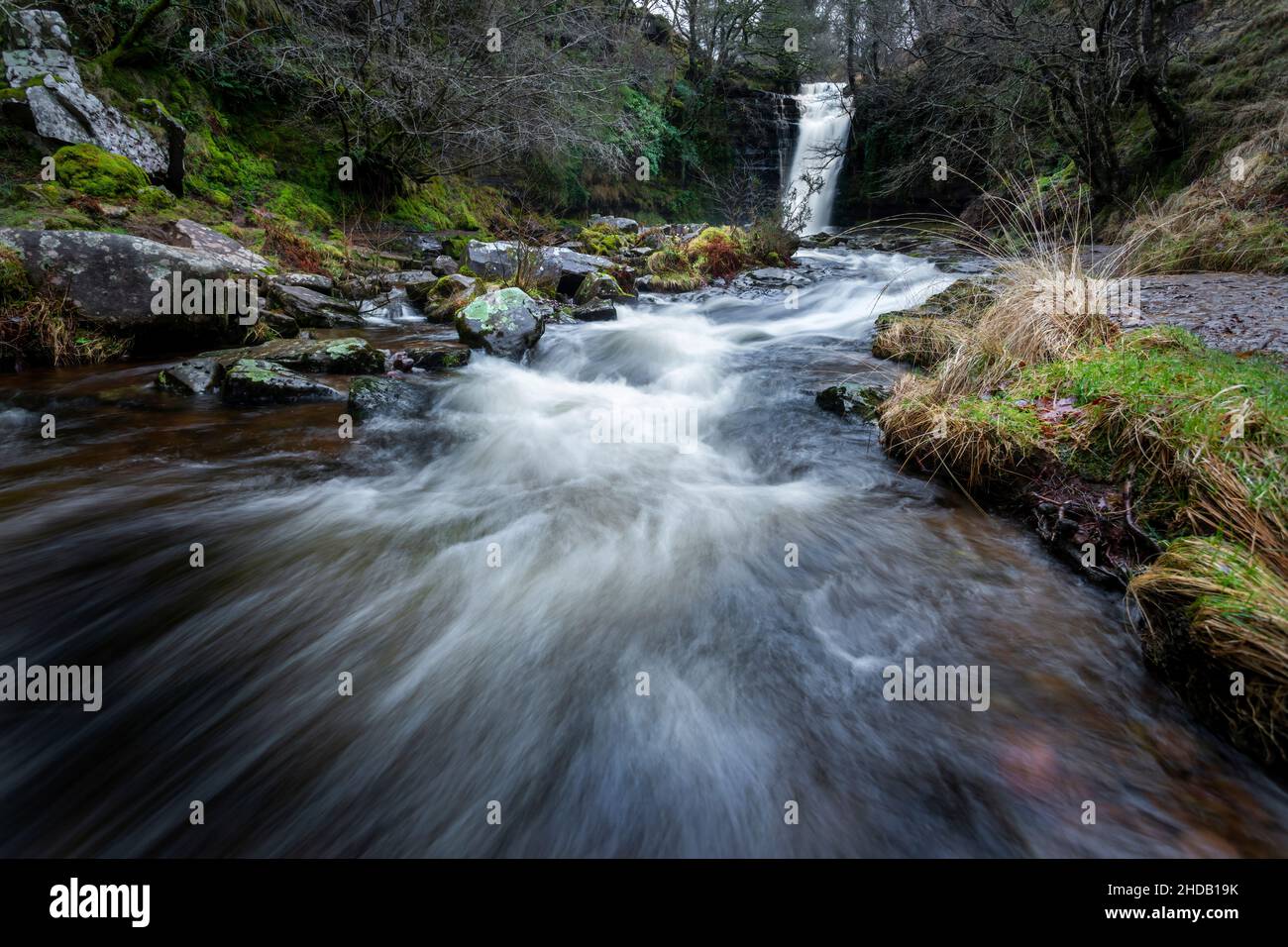 Cascate di Blaen y Glyn, una serie di cascate strettamente collegate a pochi chilometri a nord-ovest di Usk nel Galles del Sud Regno Unito Foto Stock