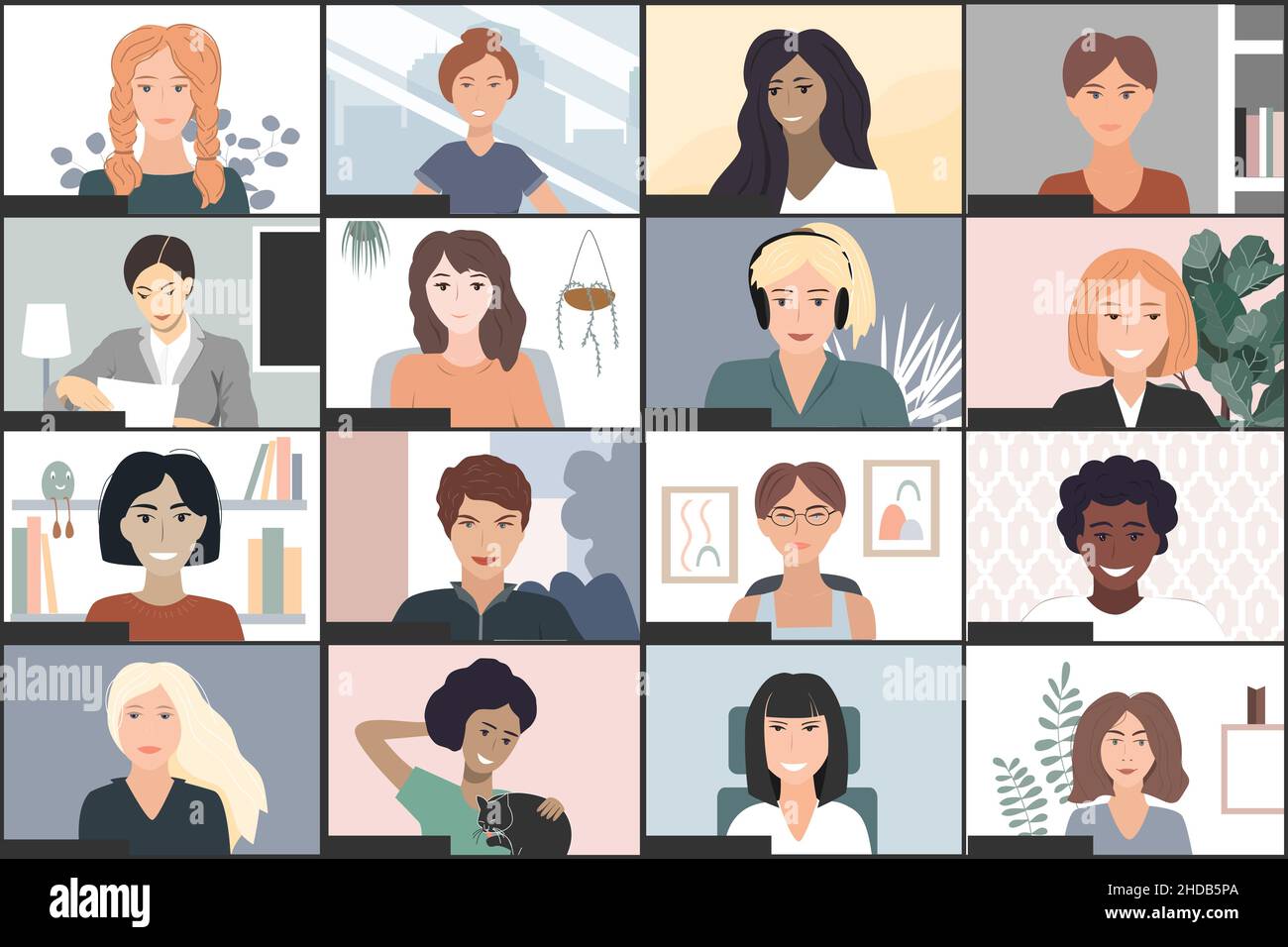 Schermo dell'applicazione di videoconferenza femminile. Illustrazione vettoriale della riunione in linea di studiare, chiacchierare o lavorare lontano dalla sede. Computer Illustrazione Vettoriale