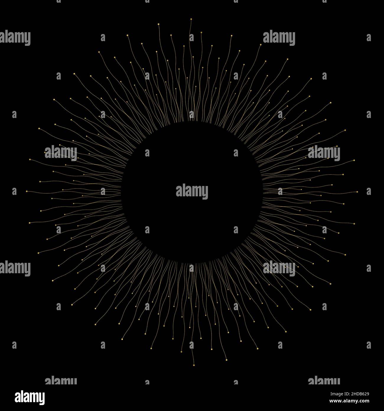 Linee dorate, strisce, struttura dorata su sfondo nero. Effetto esplosione forma del sole. Copia spazio per il testo. Foto Stock