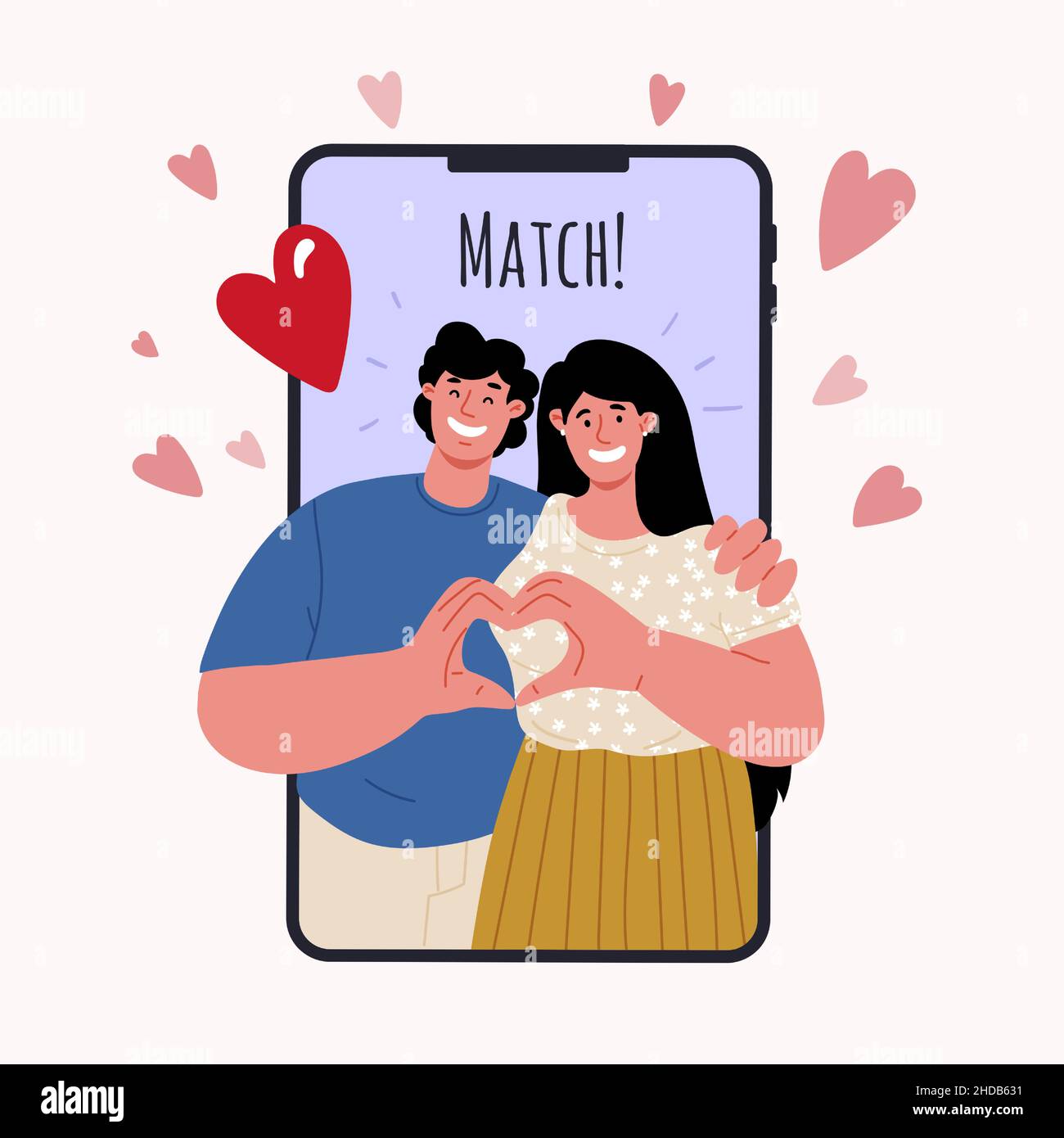 Incontri online, trovare soul mate con app.Valentines day.Vector flat mobile Illustrazione Vettoriale