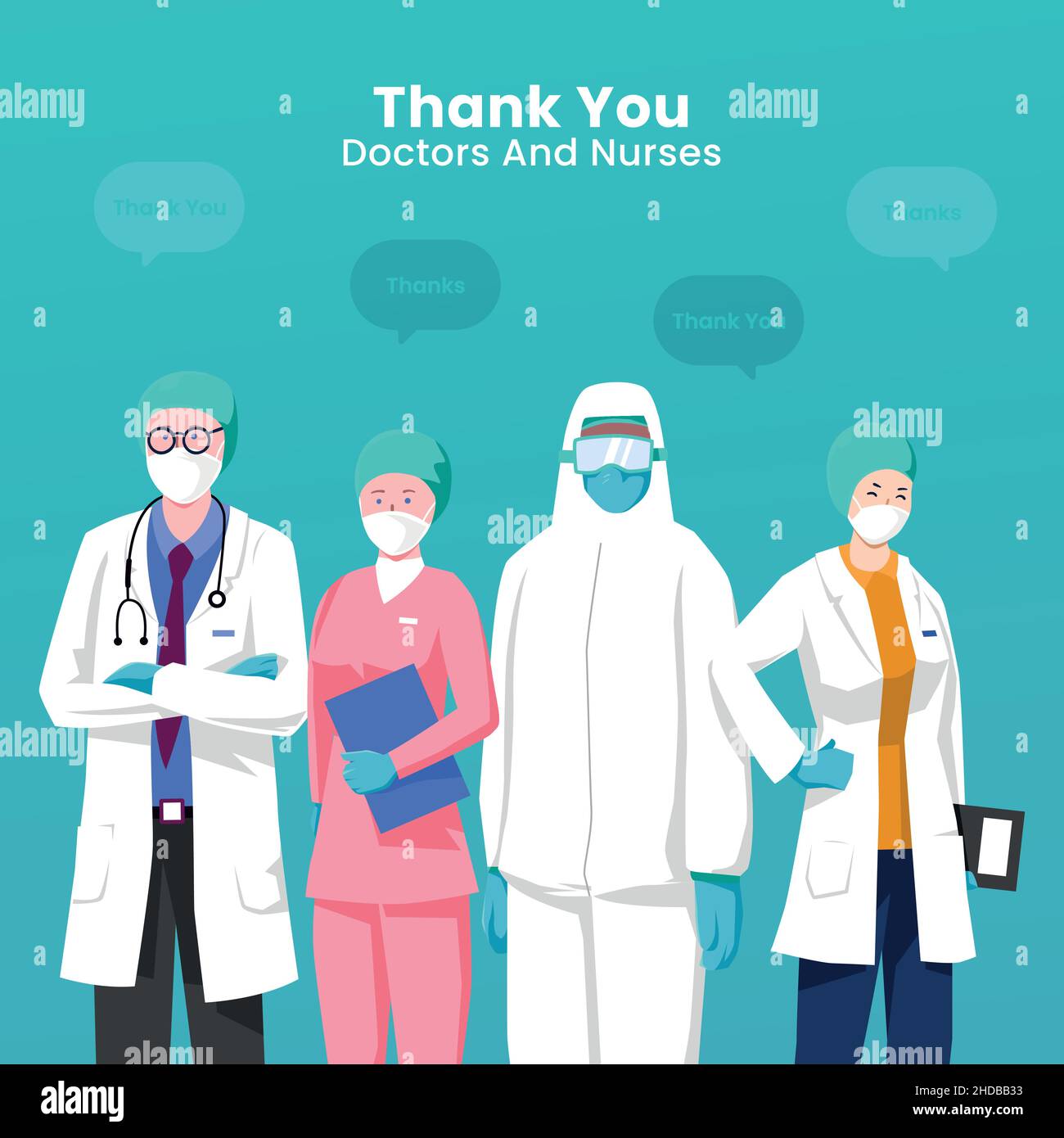 Grazie a medici e infermieri. Grazie ai coraggiosi operatori sanitari. Il medico è un eroe. Team di personale medico per combattere il coronavirus. Illustrazione Vettoriale